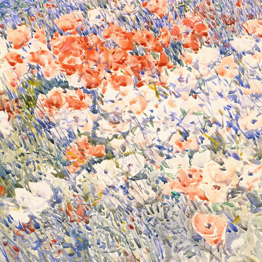 Flower field background, watercolor painting. Remixed from Childe Hassam artwork, by rawpixel.