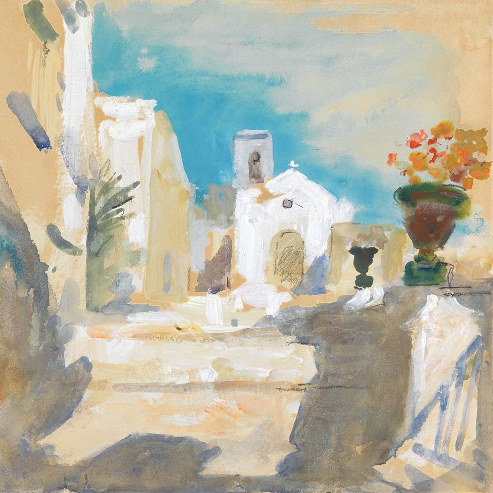 Taormina village background in watercolor. Remixed from Hercules Brabazon Brabazon artwork, by rawpixel.