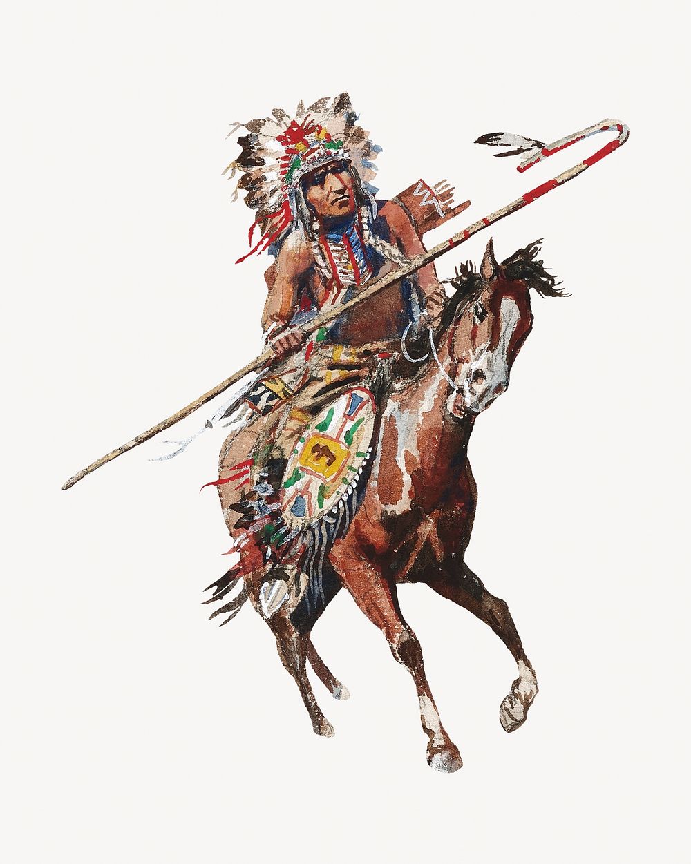 Native American & horse watercolor illustration element. Remixed from Charles M Russell artwork, by rawpixel.