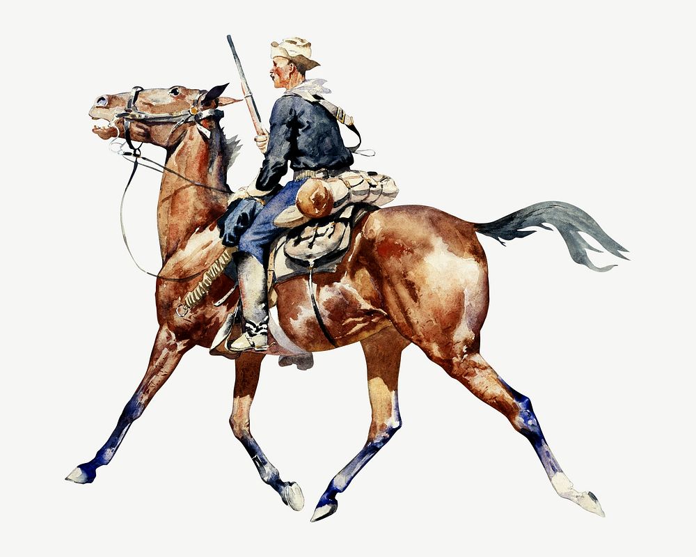 Soldier on horse watercolor illustration element psd. Remixed from Frederic Remington artwork, by rawpixel.