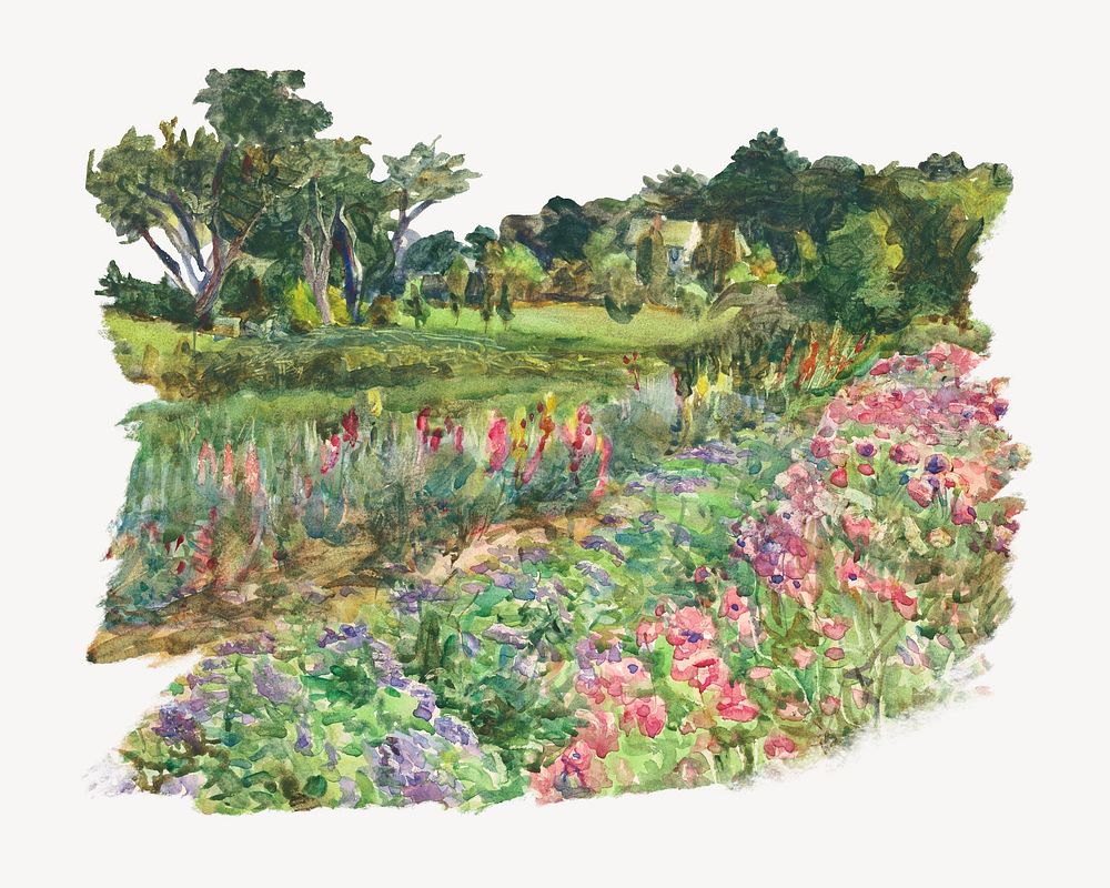 Garden in bloom watercolor illustration element. Remixed from Dora Louise Murdoch artwork, by rawpixel.