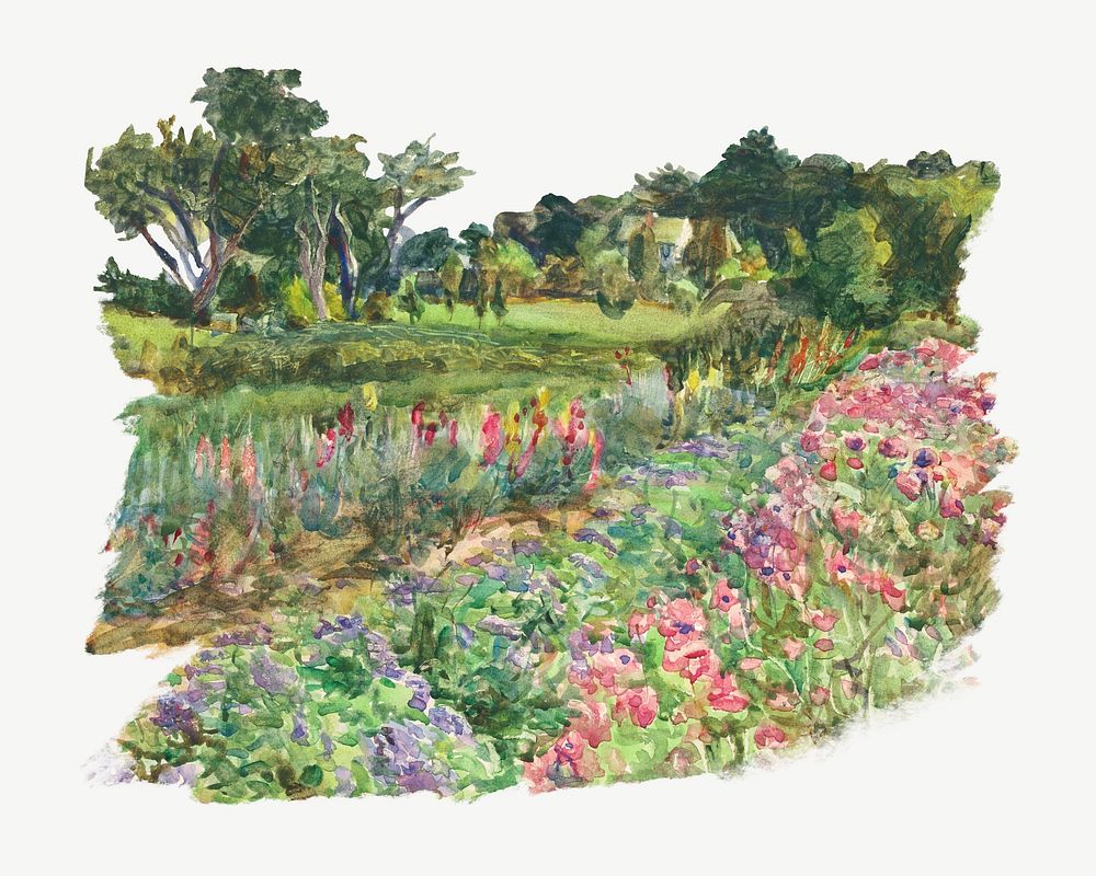 Garden in bloom watercolor illustration element psd. Remixed from Dora Louise Murdoch artwork, by rawpixel.