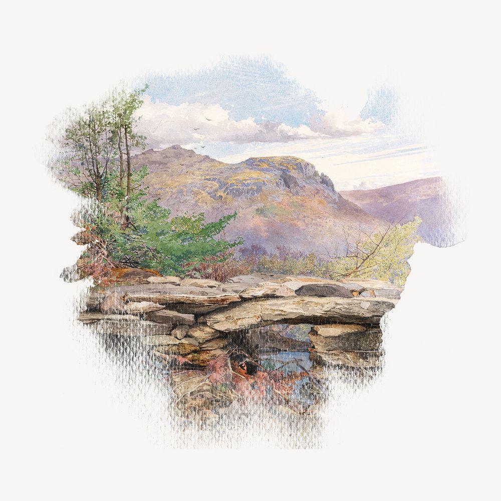 Old stone wall watercolor illustration element. Remixed from Thomas Collier artwork, by rawpixel.