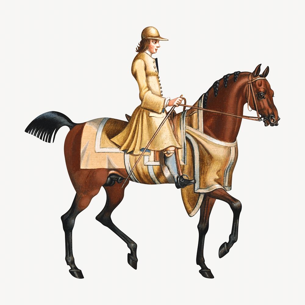 Horse & rider watercolor illustration element. Remixed from James Seymour artwork, by rawpixel.