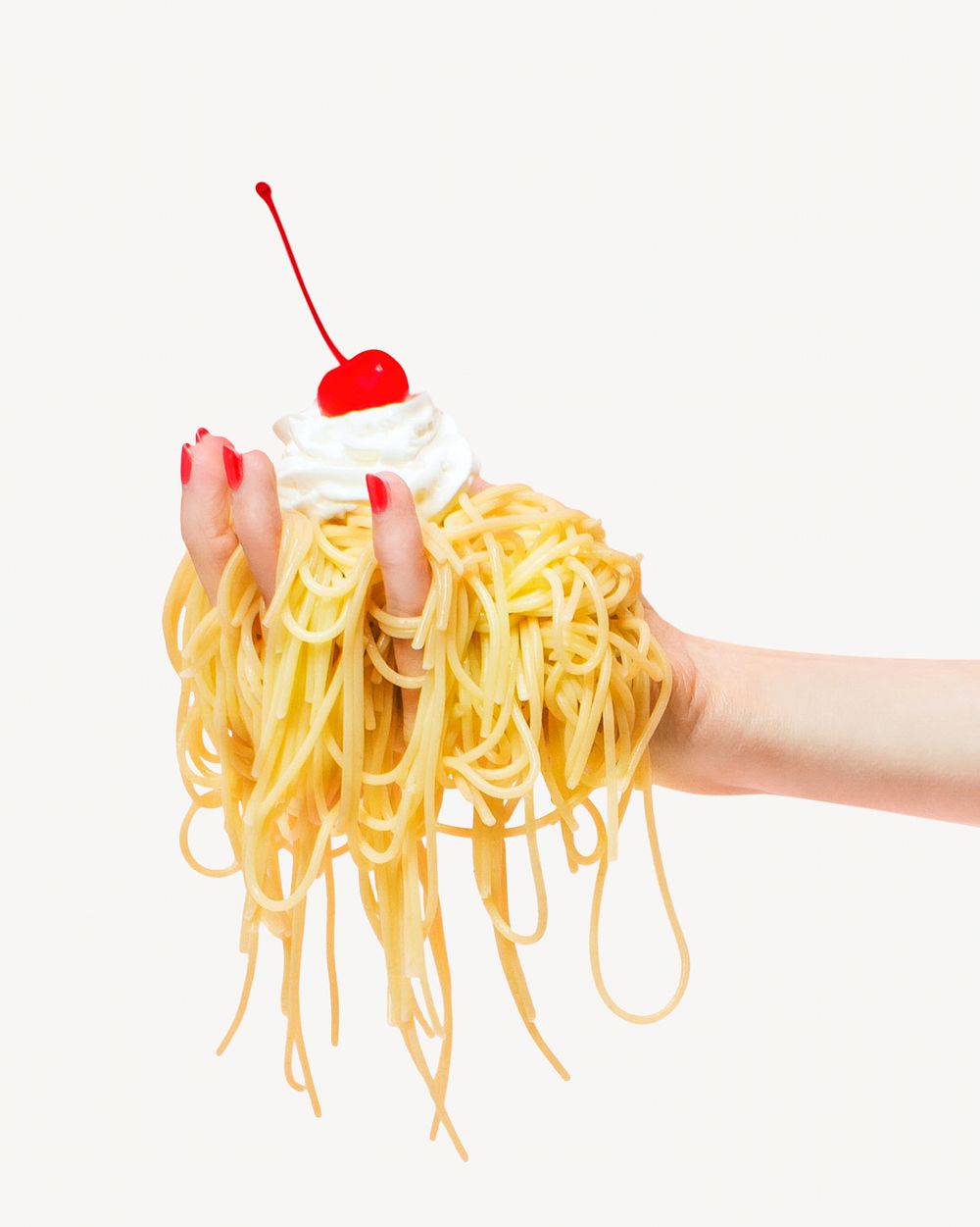 Noodles with cream and a cherry on top isolated image