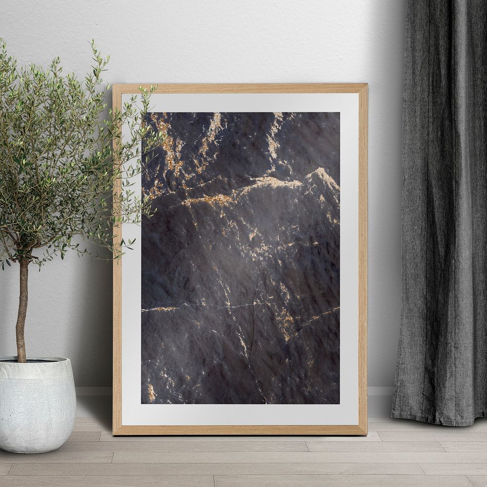 Wooden picture frame mockup, home interior design, gray marble psd