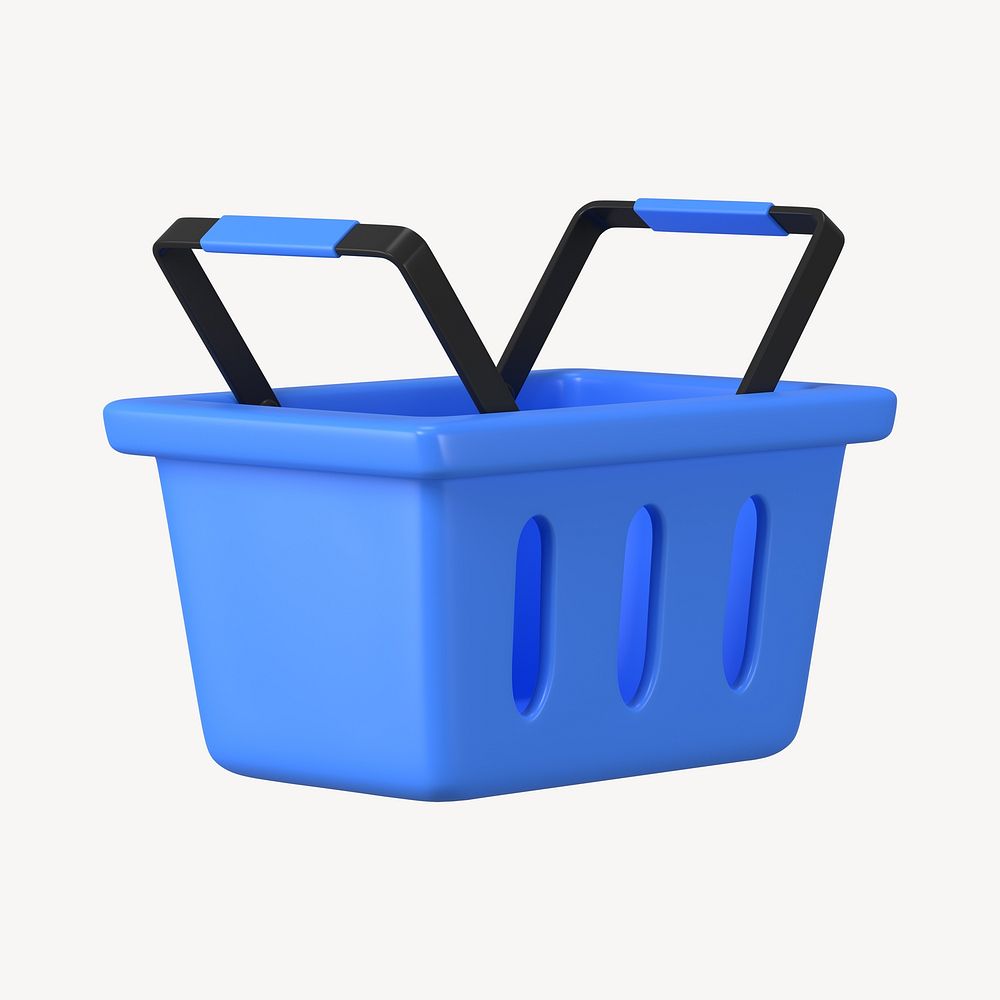 Blue shopping basket, supermarket, 3D object illustration