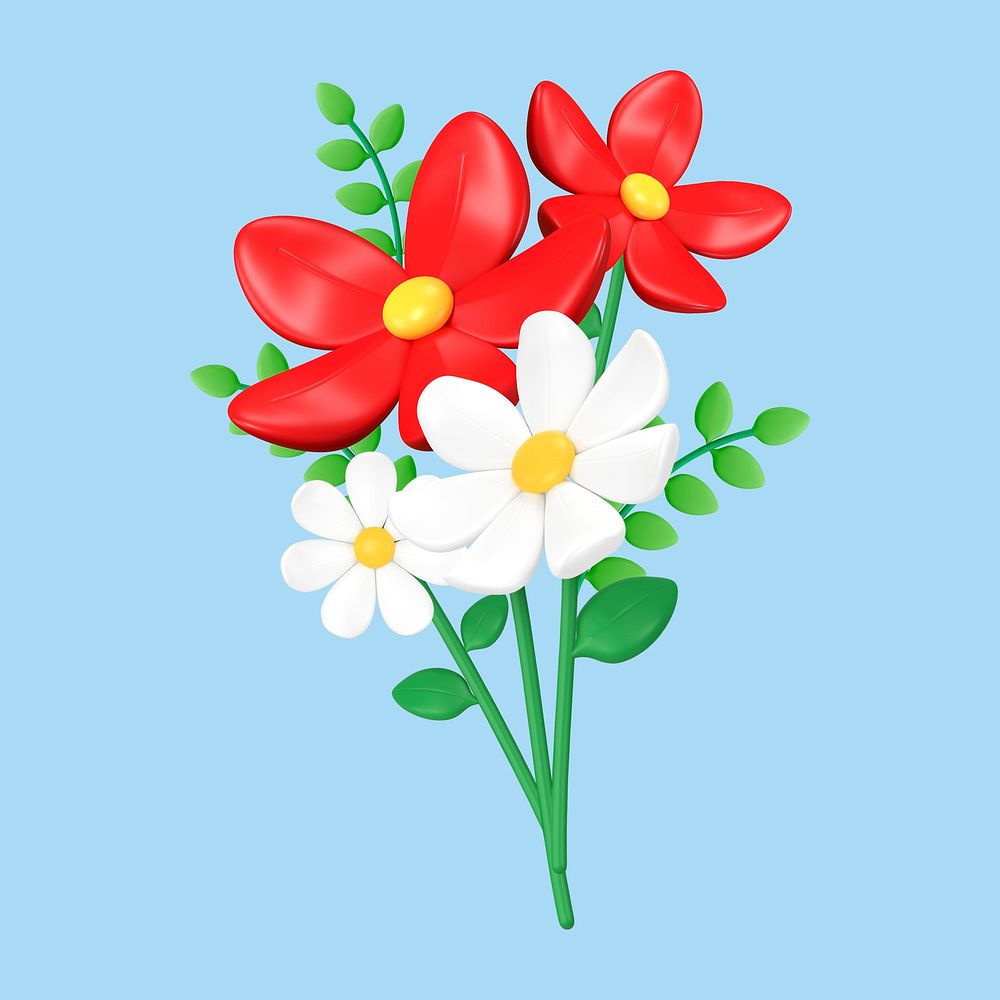 Flower bouquet 3D clipart, colorful botanical illustration