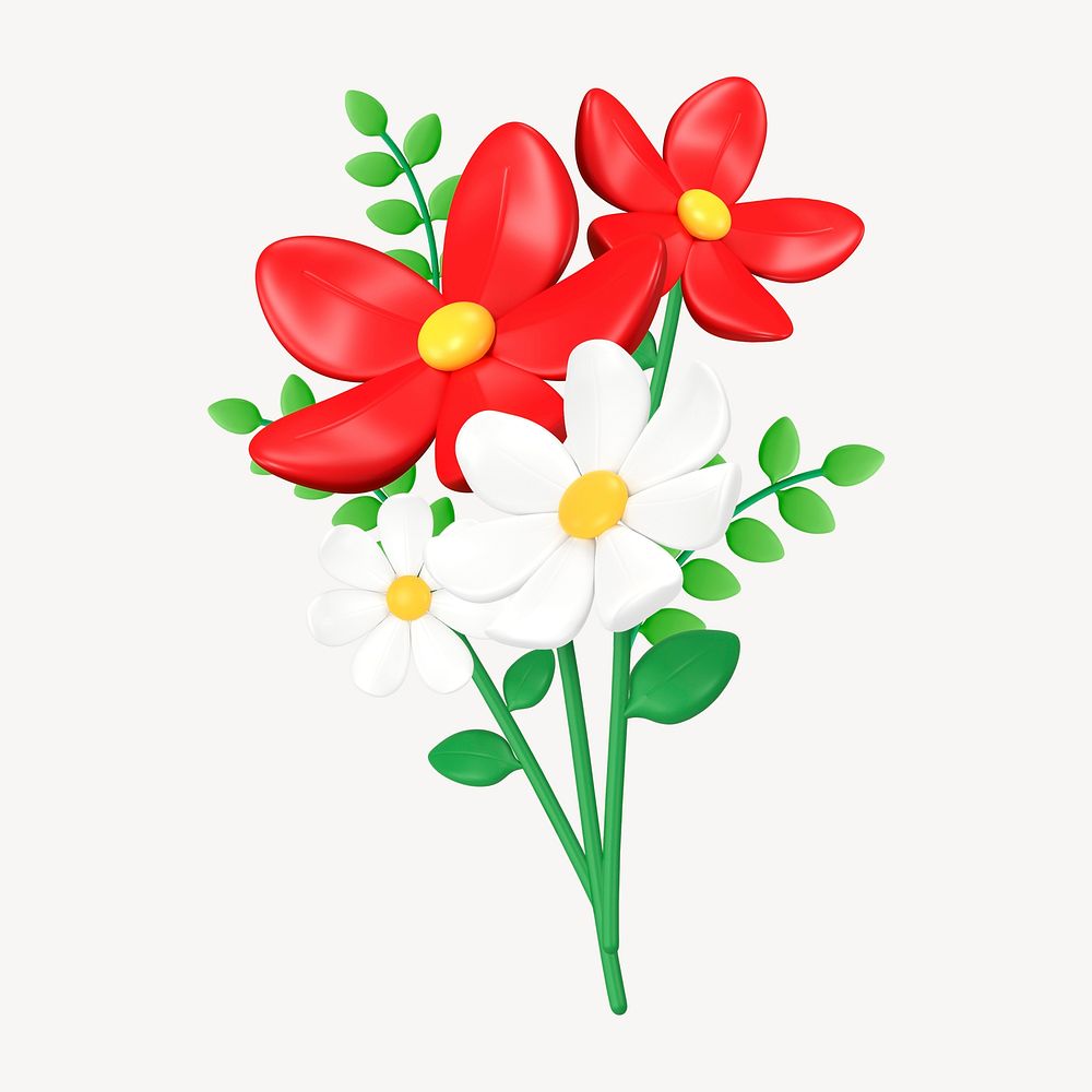 Flower bouquet 3D sticker, colorful botanical illustration psd
