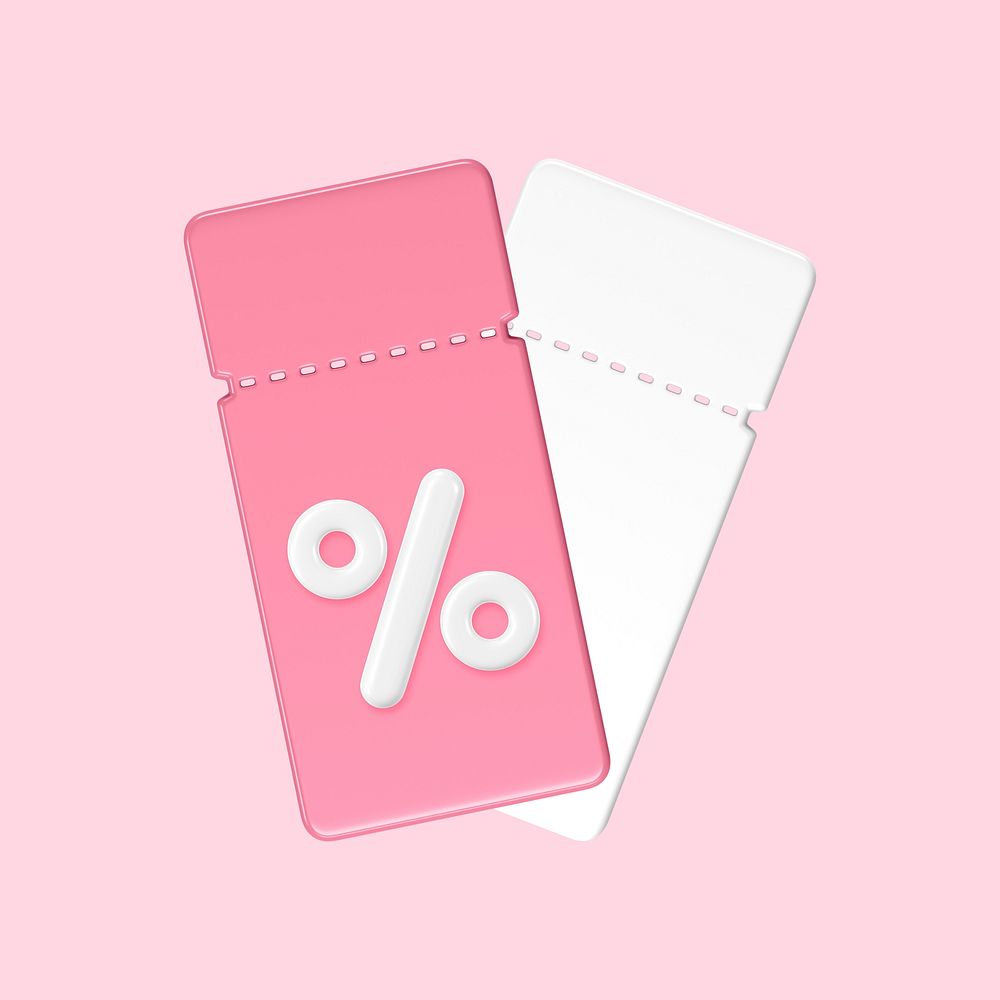 Pink ticket clipart, 3D pass illustration with percent sign