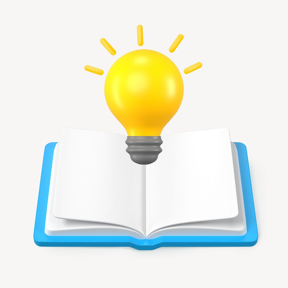 3D book clipart, light bulb, creativity symbol