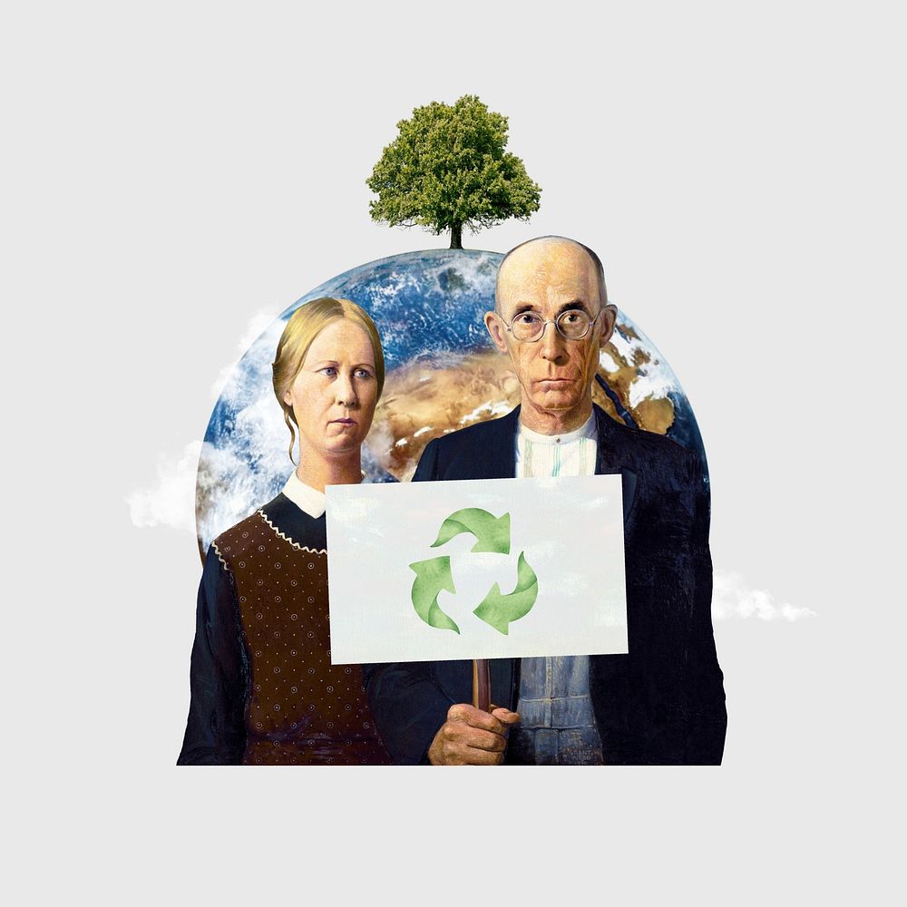 Save Earth, Grant Wood's American Gothic mixed media illustration. Remixed by rawpixel.