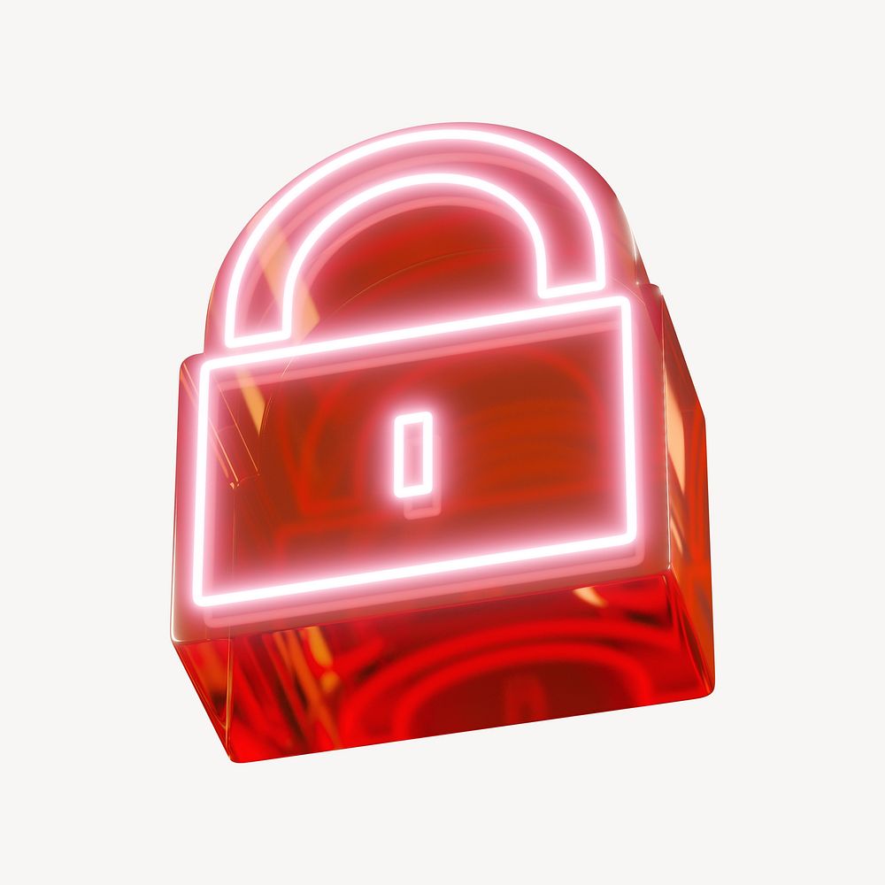 3D neon red padlock ion, digital remix