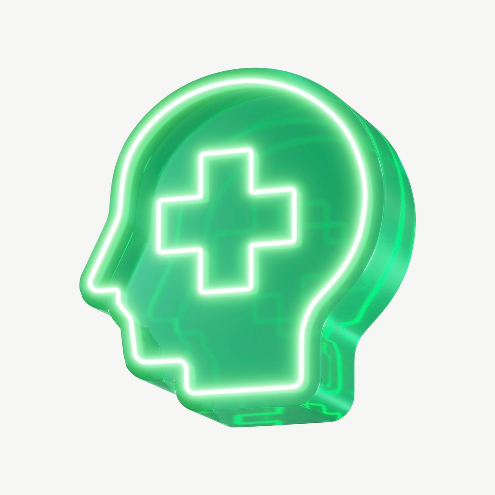 Mental health, 3D neon green icon, health & wellness psd