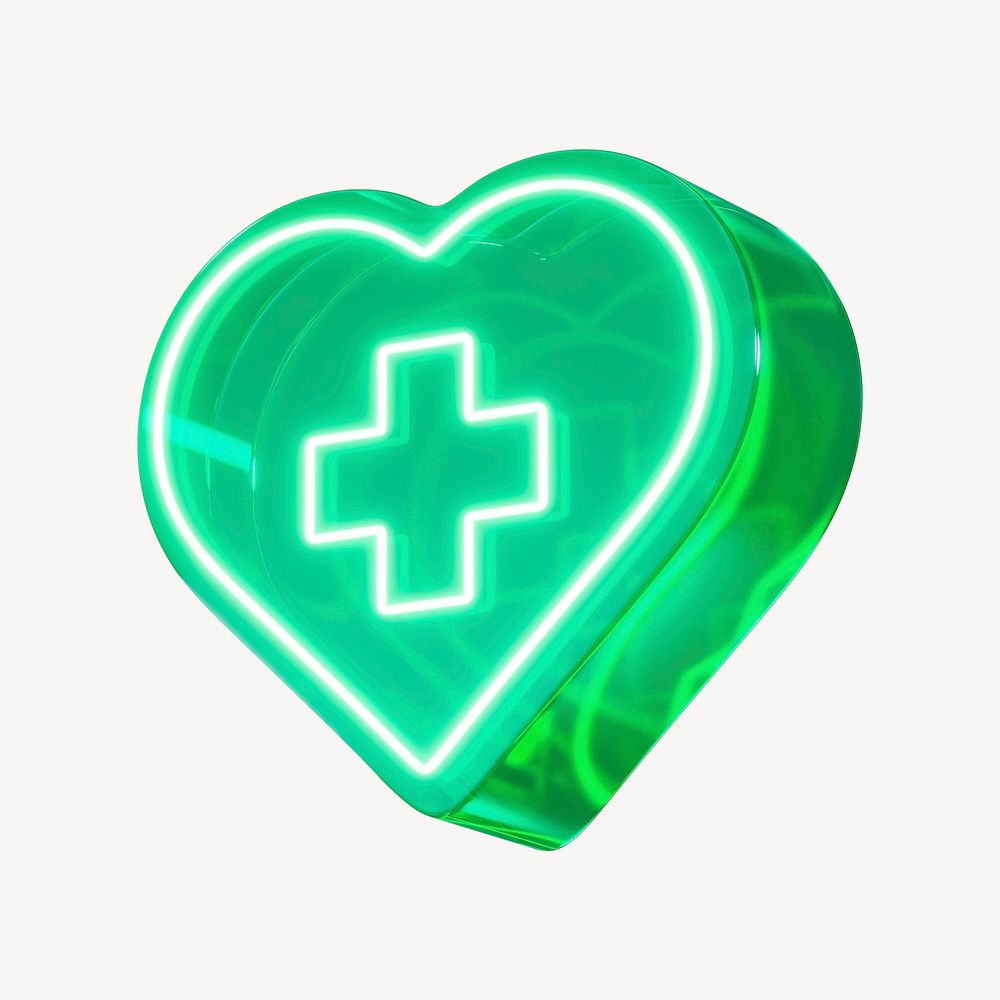 3D green neon medical heart, health & wellness psd