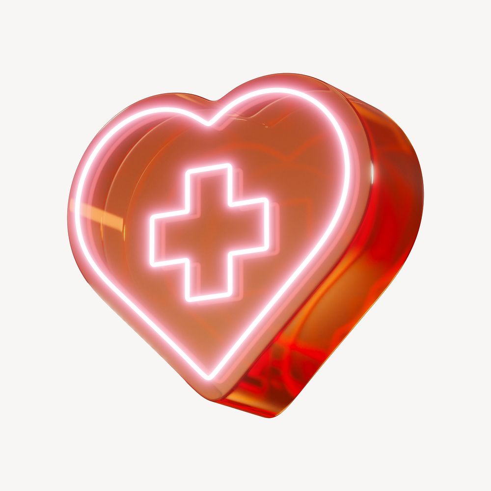 3D red neon medical heart, health & wellness