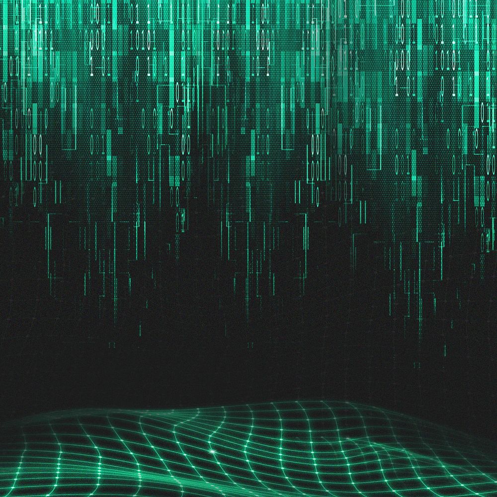 Technology green background, abstract grid wave, digital remix