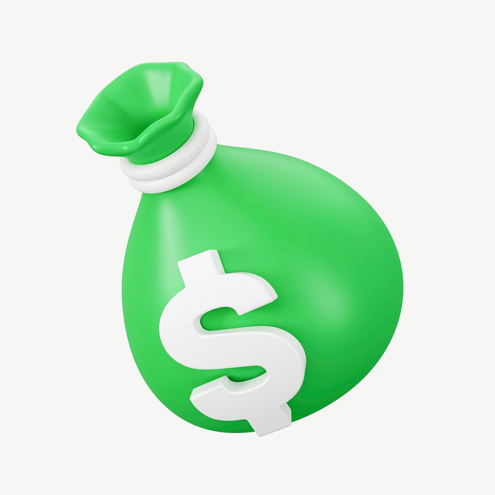 3D green money bag, collage element psd