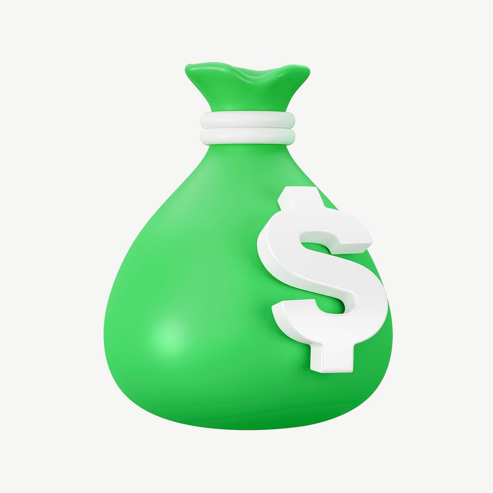 3D green money bag, collage element psd