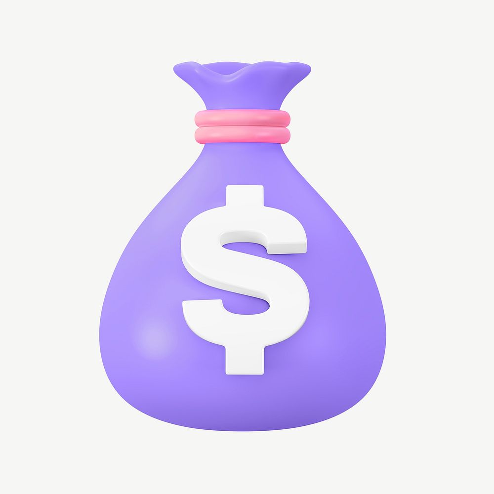 3D purple money bag, collage element psd