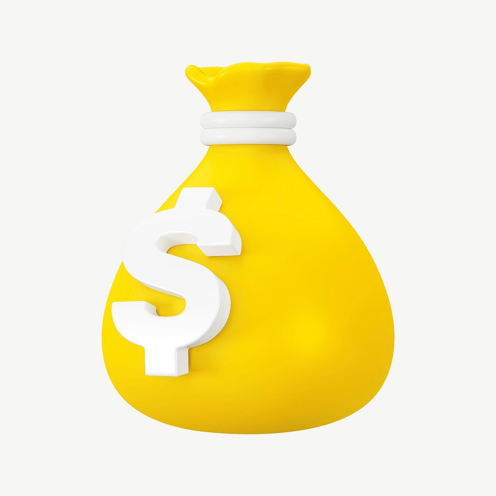 3D yellow money bag, collage element psd