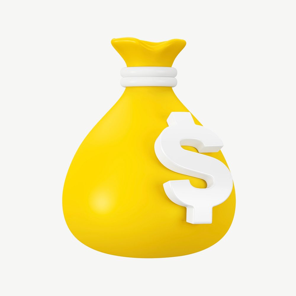 3D yellow money bag, collage element psd