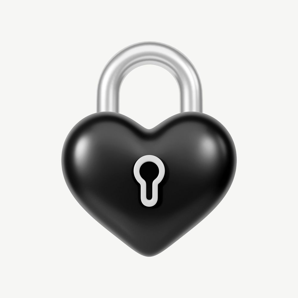 Black heart padlock, 3D Valentine's collage element psd