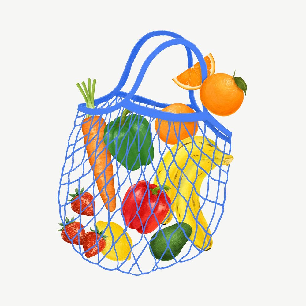 Healthy grocery bag, fruits & vegetable illustration psd