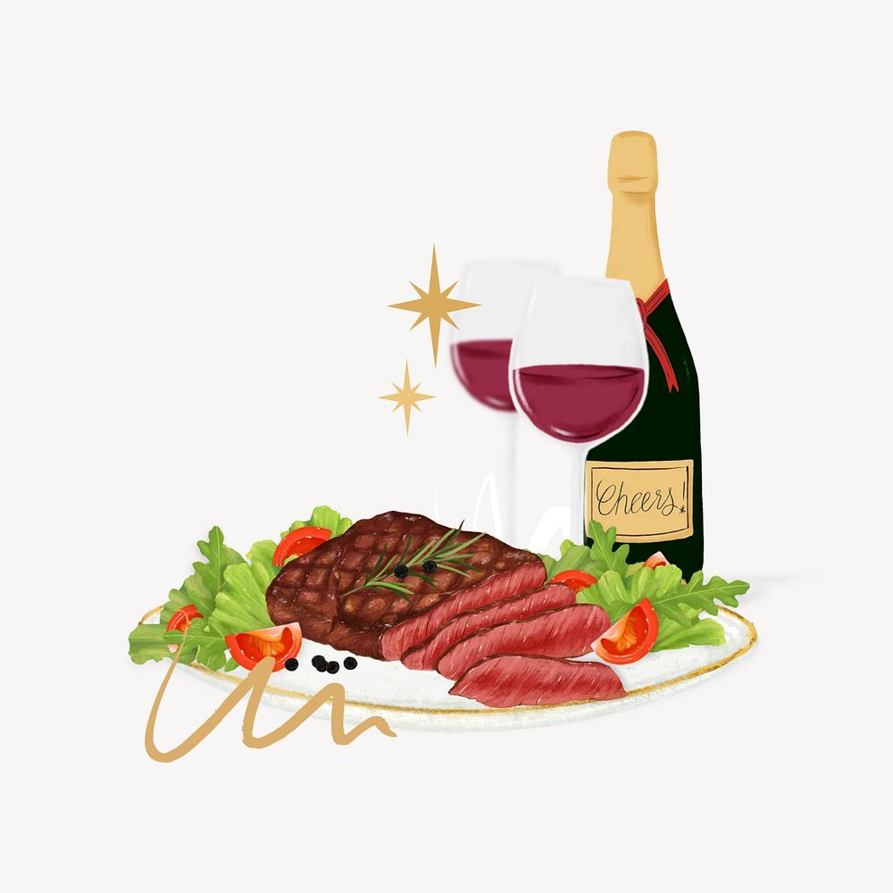 Steak and wine, food illustration