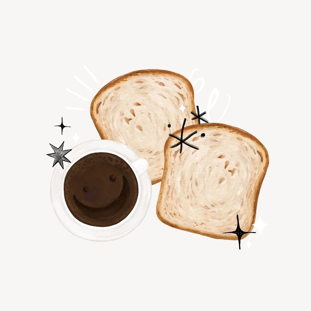 Toast & coffee, breakfast food illustration