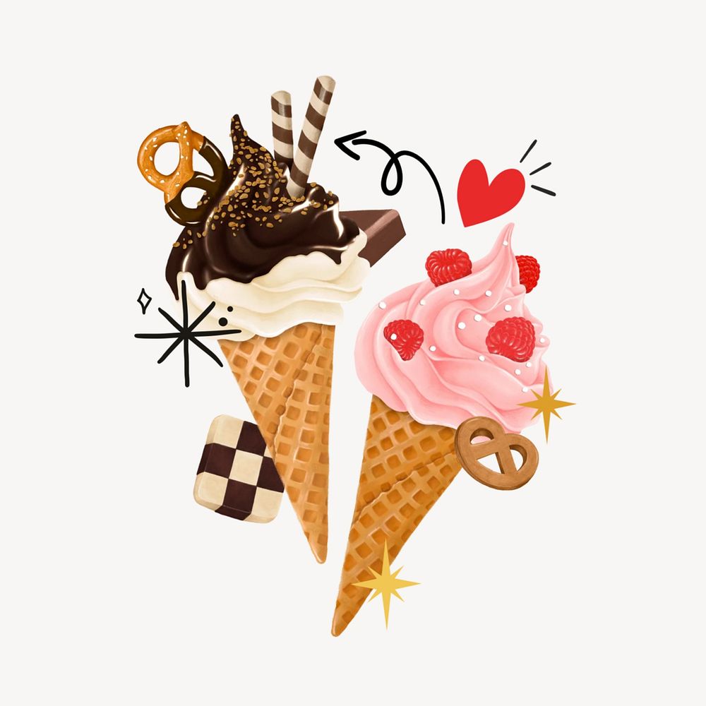 Ice-cream cone sundae, dessert illustration