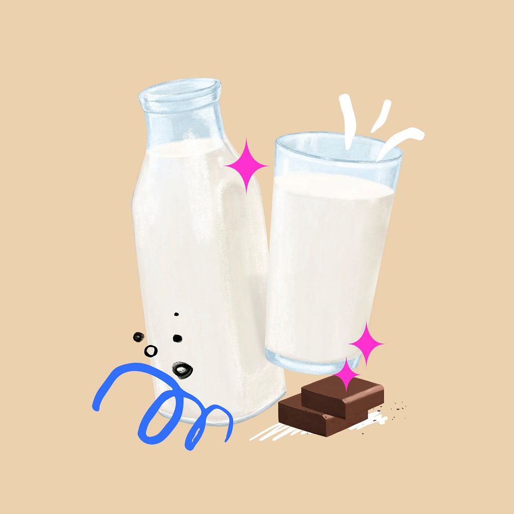 Milk and chocolate, dairy beverage collage element psd