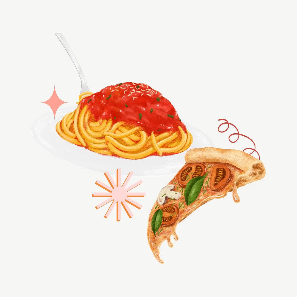 Spaghetti and pizza, food collage element psd