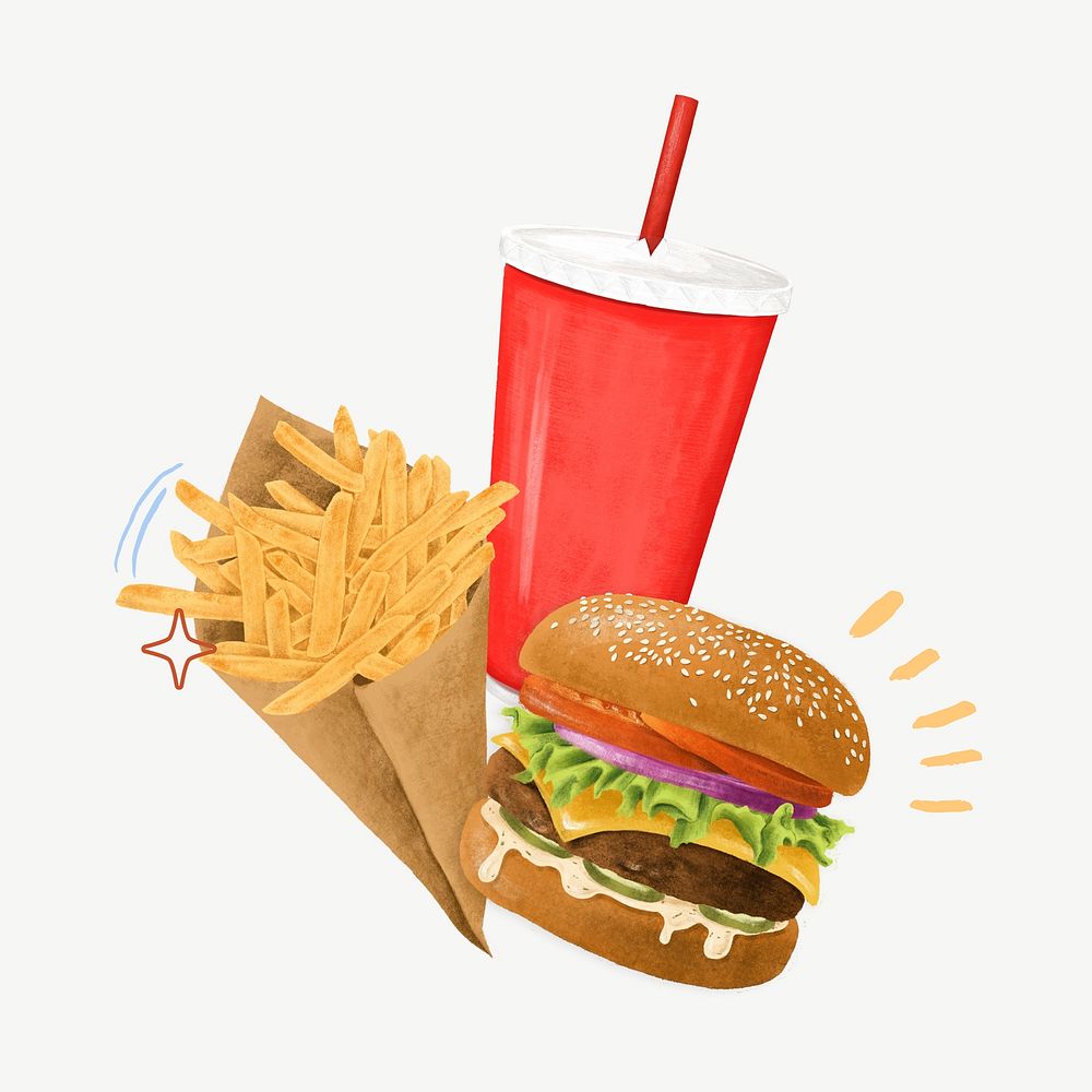 Burger and fries, fast food illustration psd