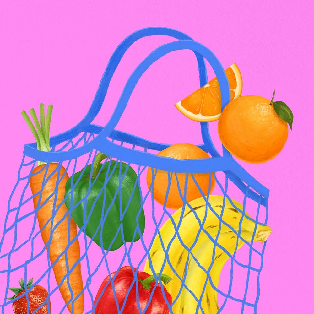 Fruit & vegetables background, grocery shopping bag illustration