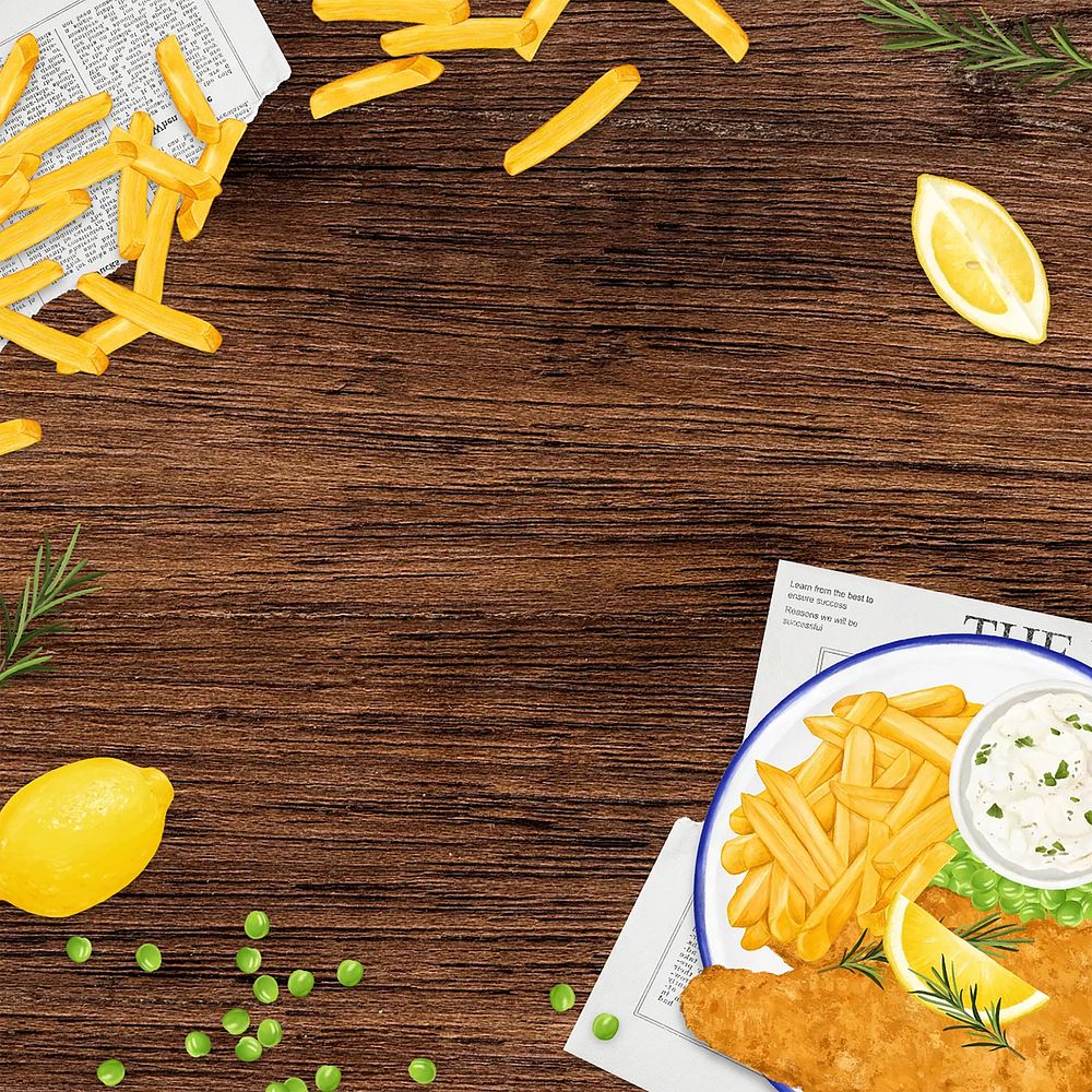 Fish and chips background, wooden table illustration