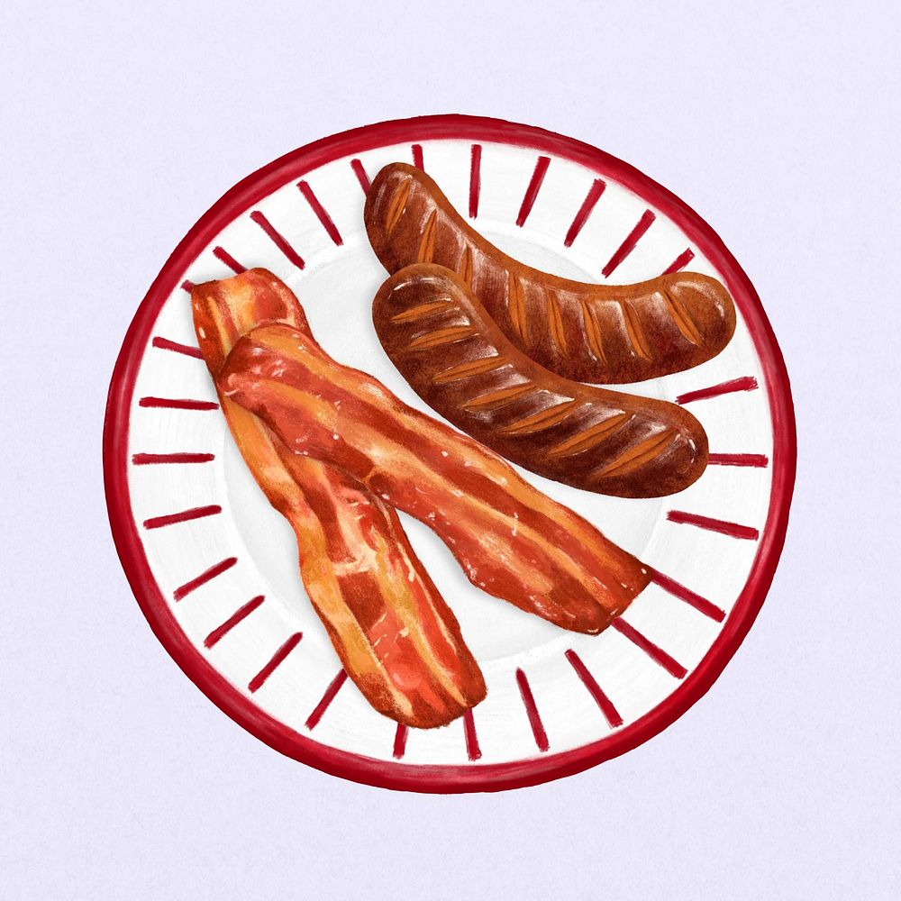 Grilled sausages and smoked bacon, breakfast food illustration
