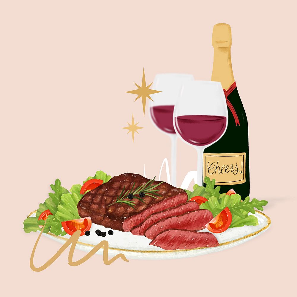 Steak and red wine, delicious  dinner illustration