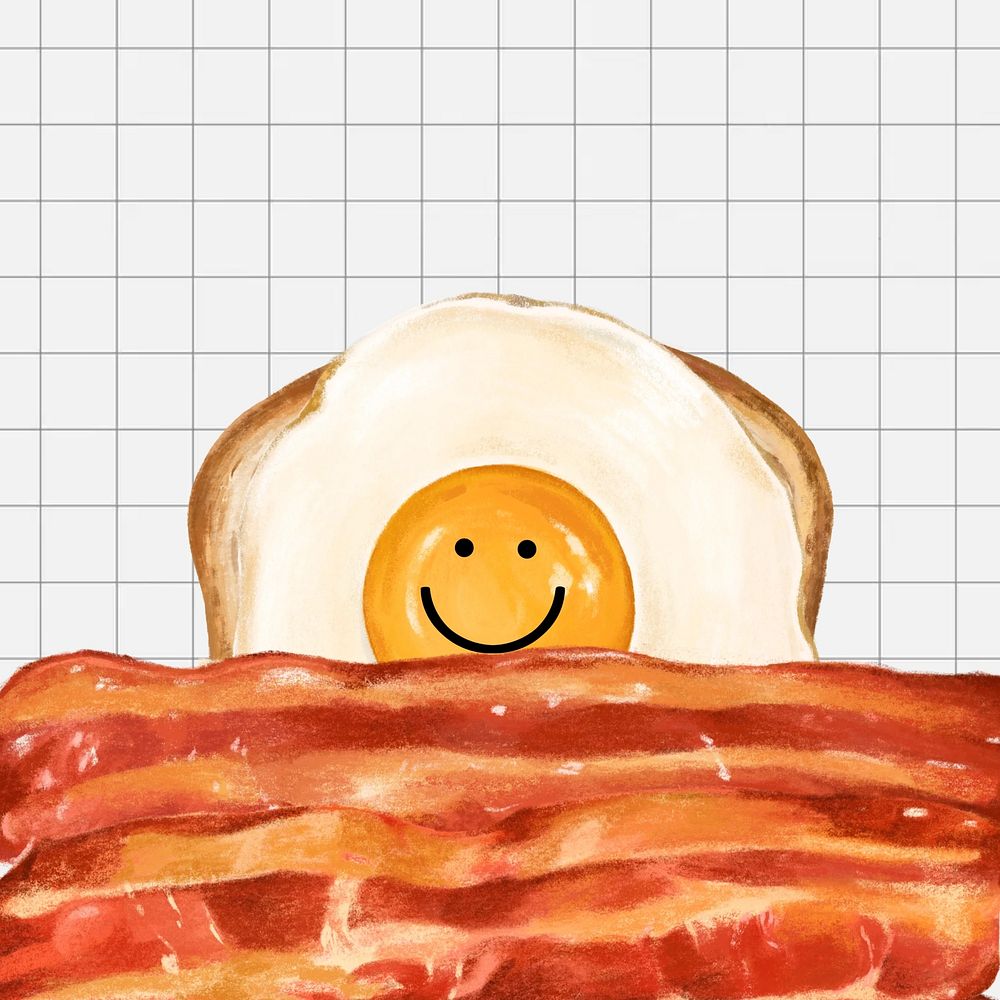 Smiling fried egg, toast & bacon, breakfast food illustration