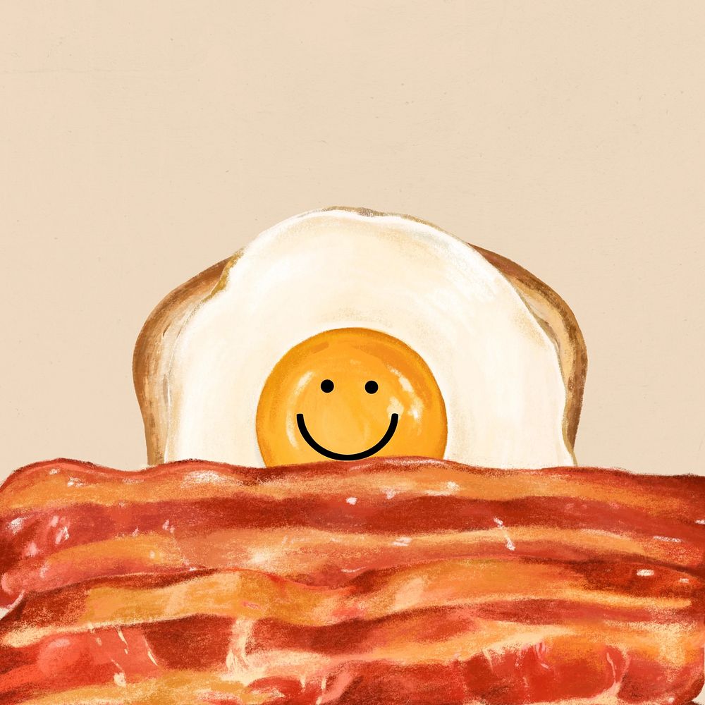Smiling fried egg, toast & bacon, breakfast food illustration