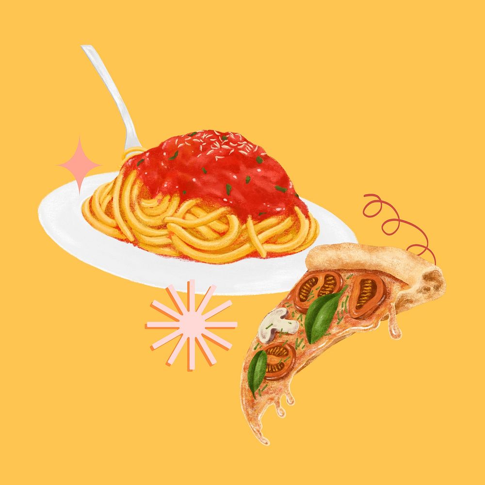 Spaghetti and pizza, Italian food illustration