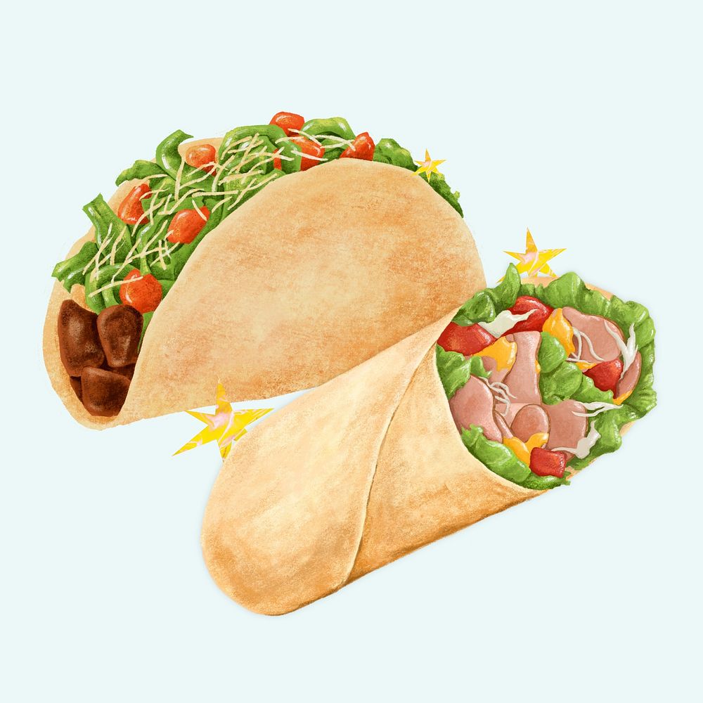 Mexican taco, salad wrap, food illustration