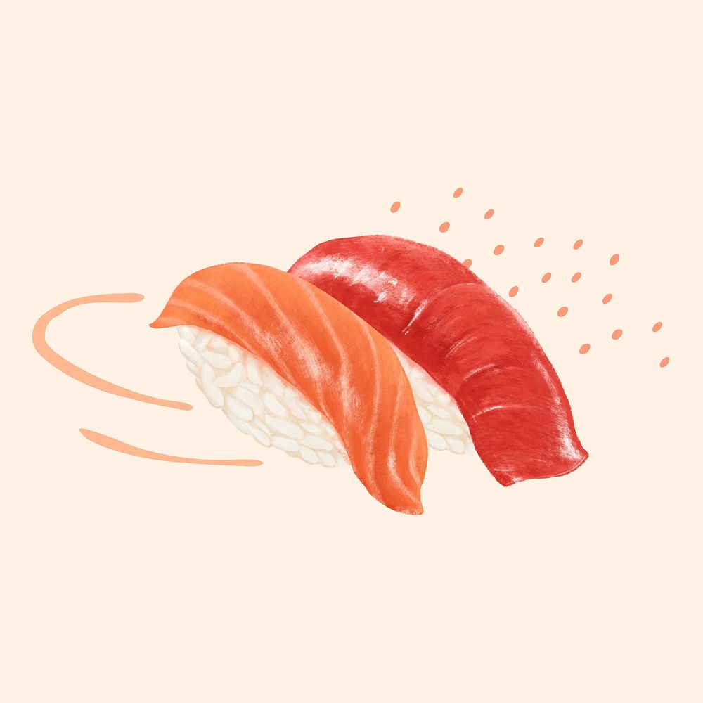 Salmon & tuna sushi, Asian food illustration