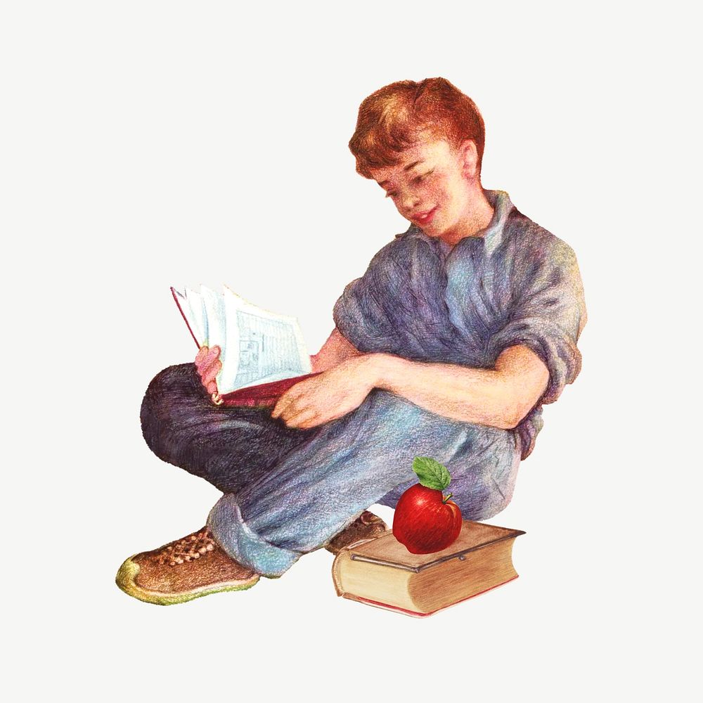 Little boy reading book, education collage psd. Remixed by rawpixel.