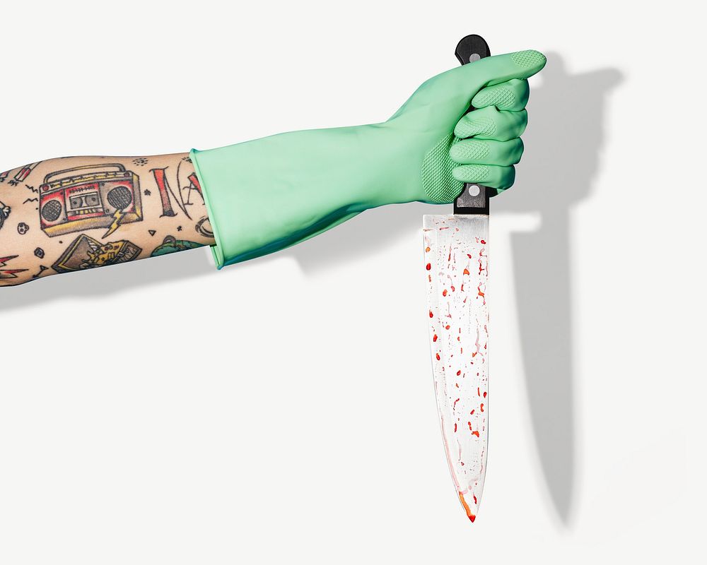 Hand in a glove holding a knife collage element psd