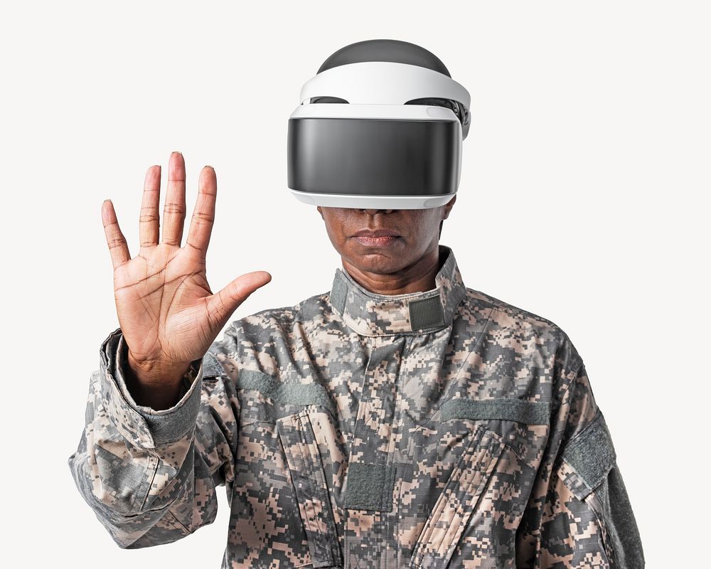 Female soldier with VR headset military technology isolated image