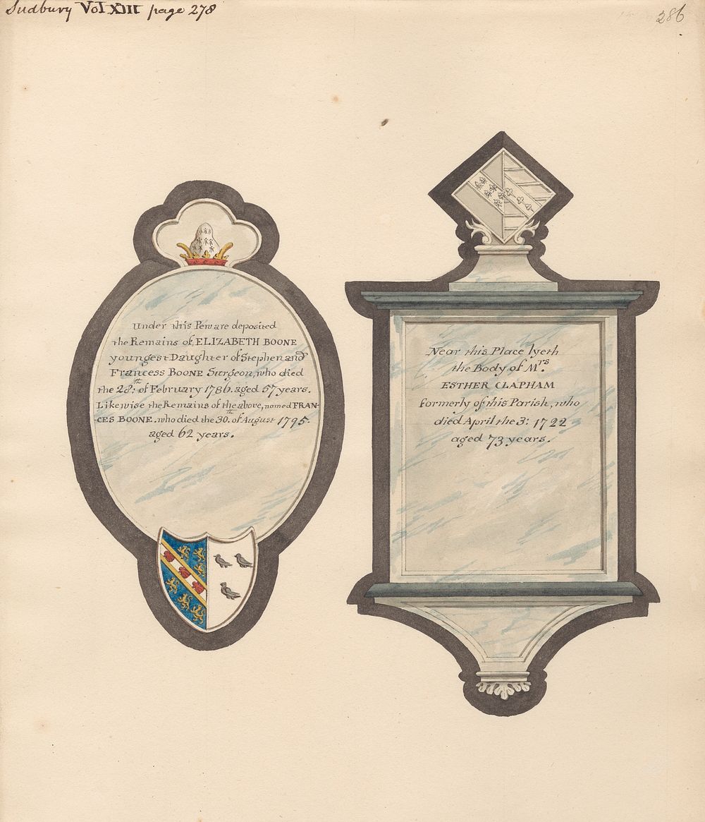 Memorial to Elizabeth and Frances Boone, and Mrs. Esther Chapham from Sudbury Church by Daniel Lysons
