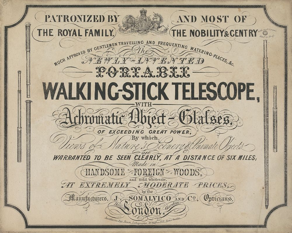 Newly invented portable walking-stick telescope : with achromatic object-glasses, of exceeding great power, by which views…