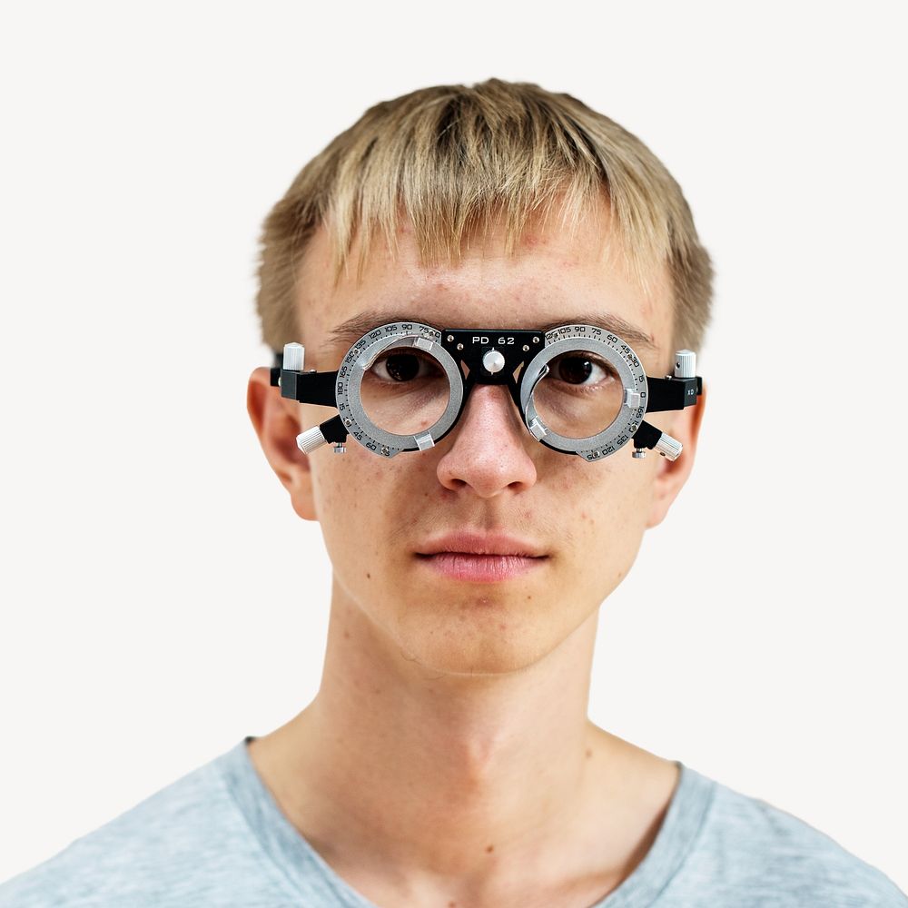 Young man having sight testing isolated image