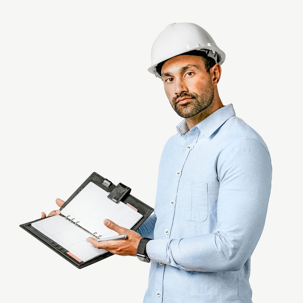Engineer with a safety helmet collage element psd